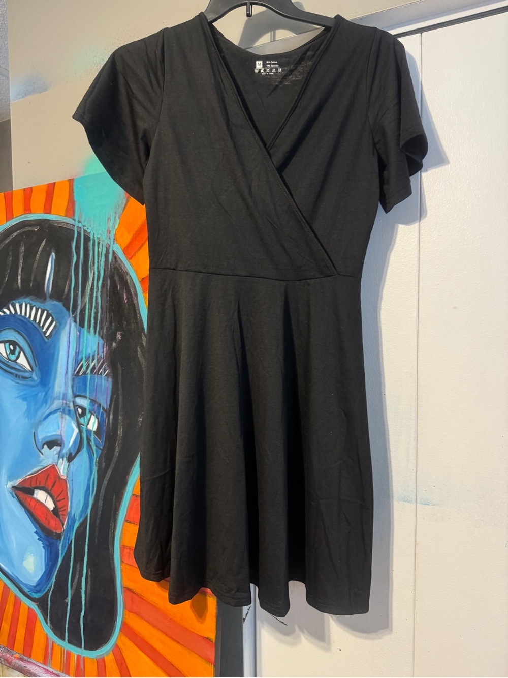 Boutique Black Faux Wrap Dress Medium Flutter Sleeve A Line Skater Mini Stretch